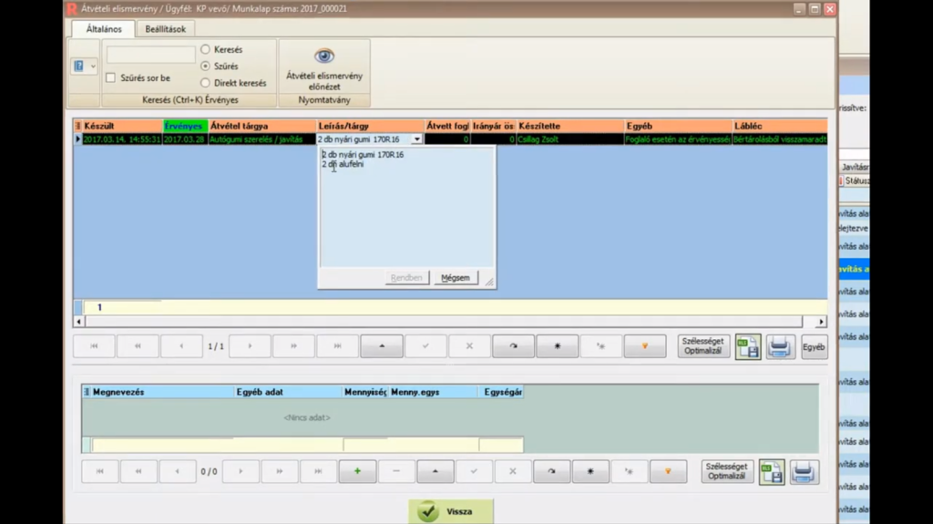 Egyedi ERP - szerviz, átvételi elismervény
